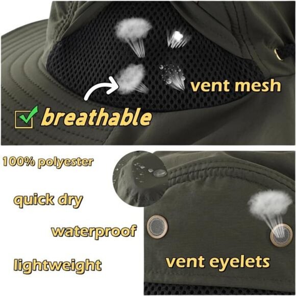 Mens Mesh Flap Sun Hat UPF50+ Wide Brim Breathable Outdoor Fishing Cap - Picture 4 of 6